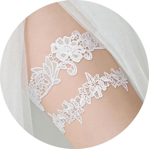 قطعتان من الأربطة للعروس، مجموعة أربطة الزفاف الأنيقة من الدانتيل، أربطة الزفاف ذات الساق الزهرية الممتدة، إكسسوارات الزفاف (أبيض) in Kuwait
