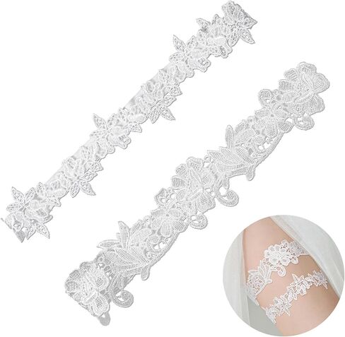 قطعتان من الأربطة للعروس، مجموعة أربطة الزفاف الأنيقة من الدانتيل، أربطة الزفاف ذات الساق الزهرية الممتدة، إكسسوارات الزفاف (أبيض) in Kuwait