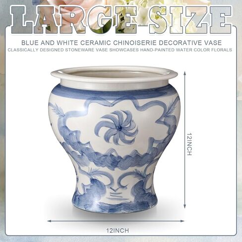 12'' Ceramic Blue and White Planter Large Chinoiserie Vase Plant Pot Indoor Porcelain Flower Pot Urn Scroll Vase with Drainage Hole Chinese Oriental Decorative Gift for Gardening Home in Kuwait