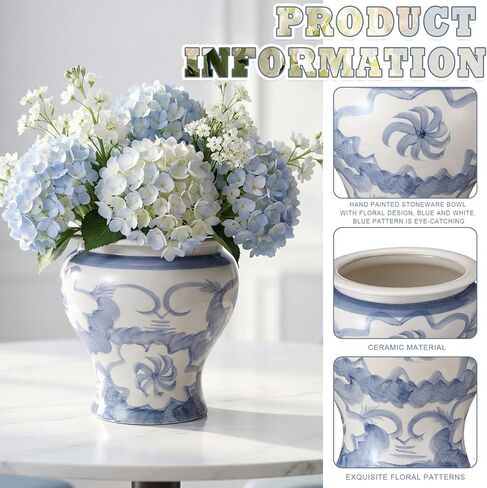 12'' Ceramic Blue and White Planter Large Chinoiserie Vase Plant Pot Indoor Porcelain Flower Pot Urn Scroll Vase with Drainage Hole Chinese Oriental Decorative Gift for Gardening Home in Kuwait