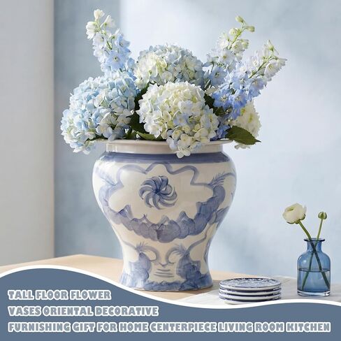 12'' Ceramic Blue and White Planter Large Chinoiserie Vase Plant Pot Indoor Porcelain Flower Pot Urn Scroll Vase with Drainage Hole Chinese Oriental Decorative Gift for Gardening Home in Kuwait