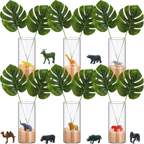31 Pcs Jungle Animal Party Decorations Set Includes 6 Glass Flower Vases 12 Safari Animals 12 Tropical Palm Leaves and Sands Table Centerpieces for Home Wedding Hawaiian Jungle Party Decor in Saudi Arabia