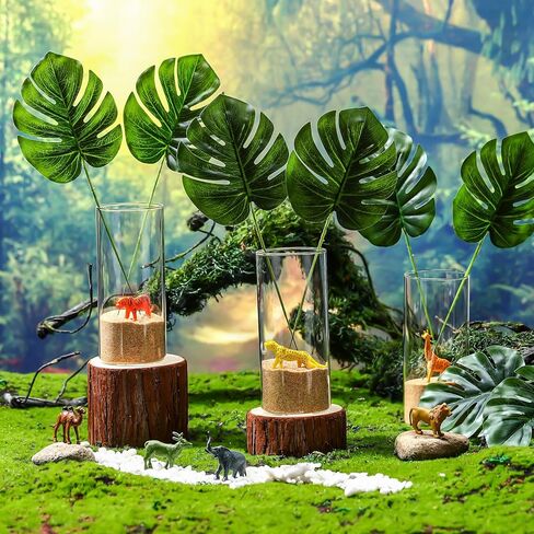 31 Pcs Jungle Animal Party Decorations Set Includes 6 Glass Flower Vases 12 Safari Animals 12 Tropical Palm Leaves and Sands Table Centerpieces for Home Wedding Hawaiian Jungle Party Decor in Saudi Arabia
