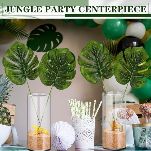 31 Pcs Jungle Animal Party Decorations Set Includes 6 Glass Flower Vases 12 Safari Animals 12 Tropical Palm Leaves and Sands Table Centerpieces for Home Wedding Hawaiian Jungle Party Decor in Saudi Arabia