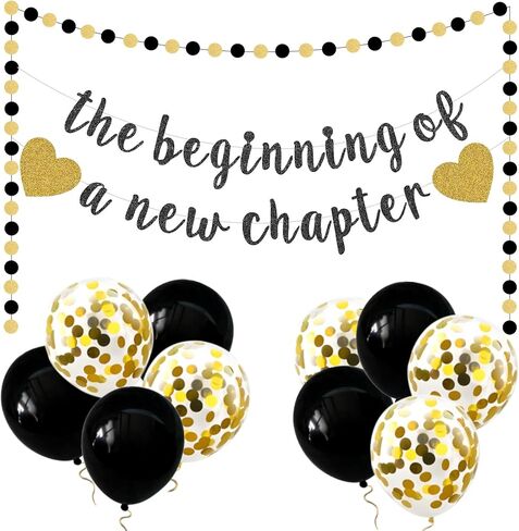 بداية فصل جديد، مجموعة إكليل معلقة من الذهب الأسود اللامع مع بالونات خلفية الرايات لتوديع التخرج بعيدًا، زينة حفلات التقاعد السعيدة، لوازم احتفالات البالغين in Kuwait