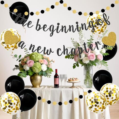 بداية فصل جديد، مجموعة إكليل معلقة من الذهب الأسود اللامع مع بالونات خلفية الرايات لتوديع التخرج بعيدًا، زينة حفلات التقاعد السعيدة، لوازم احتفالات البالغين in Kuwait