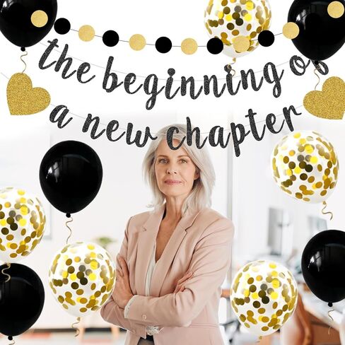 بداية فصل جديد، مجموعة إكليل معلقة من الذهب الأسود اللامع مع بالونات خلفية الرايات لتوديع التخرج بعيدًا، زينة حفلات التقاعد السعيدة، لوازم احتفالات البالغين in Kuwait