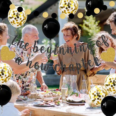 بداية فصل جديد، مجموعة إكليل معلقة من الذهب الأسود اللامع مع بالونات خلفية الرايات لتوديع التخرج بعيدًا، زينة حفلات التقاعد السعيدة، لوازم احتفالات البالغين in Kuwait