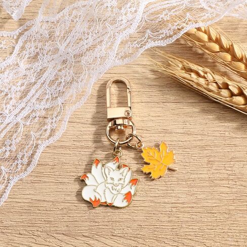 Fox Keychain Mysterious Nine-Tailed Fox Keycharm with Maple Leaf Mythical Animal Keyring Magical Gift for Women in Saudi Arabia