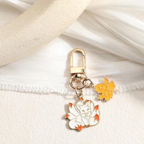 Fox Keychain Mysterious Nine-Tailed Fox Keycharm with Maple Leaf Mythical Animal Keyring Magical Gift for Women in Saudi Arabia
