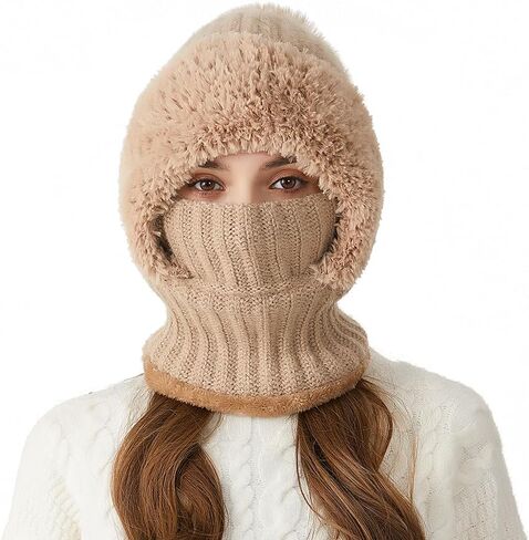 Spevert Womens Pom Beanie Hat Scarf,Ski Hat, Winter Fleece Windproof Hooded Scarf Skull Cap in Kuwait