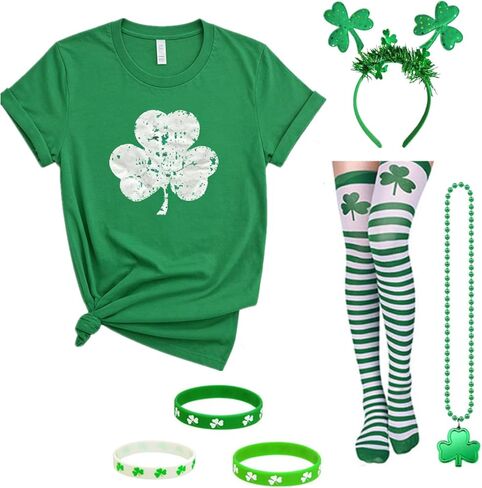 مجموعة إكسسوارات زي عيد القديس باتريك مكونة من 5 قطع مع تي شيرت أخضر للنساء، وعصابة رأس البرسيم، وقلادة، وأساور، وجوارب (أخضر، XXL) in Kuwait
