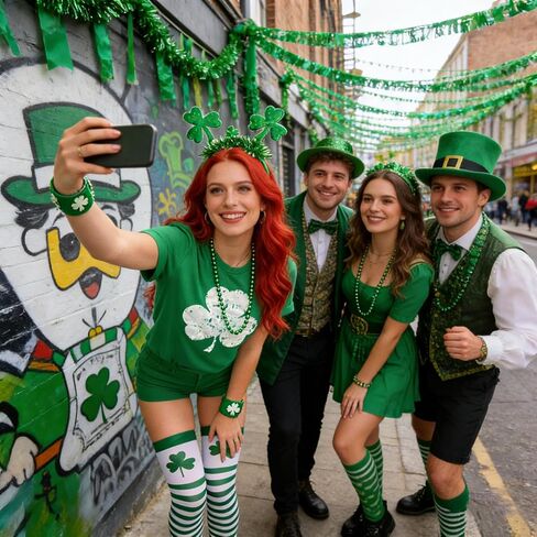 مجموعة إكسسوارات زي عيد القديس باتريك مكونة من 5 قطع مع تي شيرت أخضر للنساء، وعصابة رأس البرسيم، وقلادة، وأساور، وجوارب (أخضر، XXL) in Kuwait