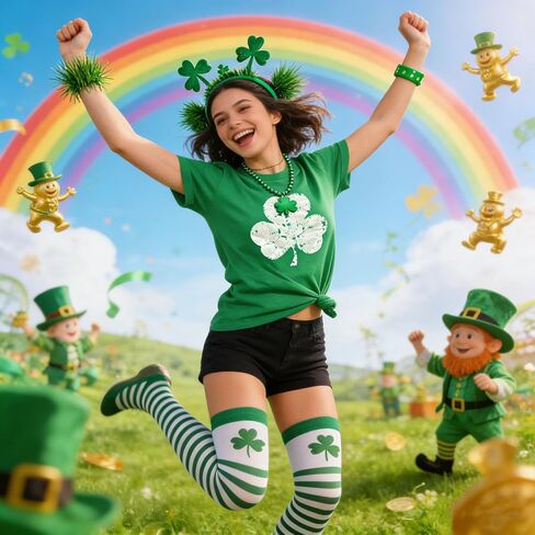 مجموعة إكسسوارات زي عيد القديس باتريك مكونة من 5 قطع مع تي شيرت أخضر للنساء، وعصابة رأس البرسيم، وقلادة، وأساور، وجوارب (أخضر، XXL) in Kuwait