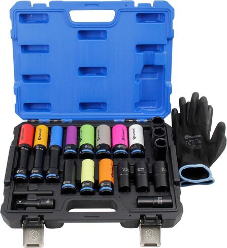 20Psc 1/2" Drive Lug Nut Socket Set Color Coded by Size, Thin Wall Non-Marring 6-Point Impact Lug Extractor Kit, Rugged Construction, Flip Turbo Socket Set with a Storage Cage in Kuwait