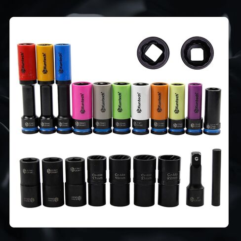 20Psc 1/2" Drive Lug Nut Socket Set Color Coded by Size, Thin Wall Non-Marring 6-Point Impact Lug Extractor Kit, Rugged Construction, Flip Turbo Socket Set with a Storage Cage in Kuwait