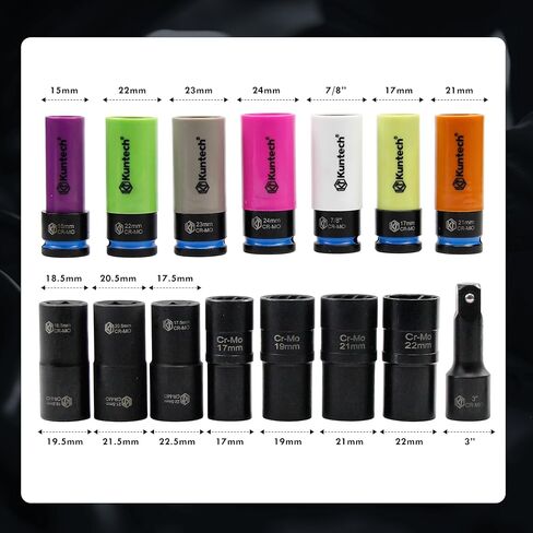 20Psc 1/2" Drive Lug Nut Socket Set Color Coded by Size, Thin Wall Non-Marring 6-Point Impact Lug Extractor Kit, Rugged Construction, Flip Turbo Socket Set with a Storage Cage in Kuwait