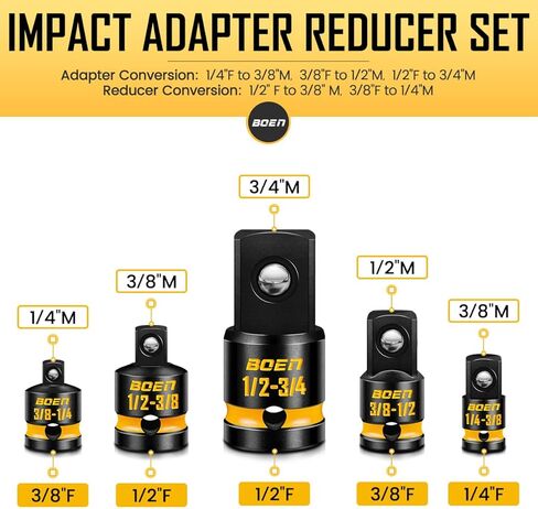 boen PRO 5-Piece Impact Socket Adapter Set and Reducer Set, (1/4", 3/8", 1/2") Drive Size Converters for Impact Wrenches, CR-MO Steel, Embossed and Painted Marking in Saudi Arabia