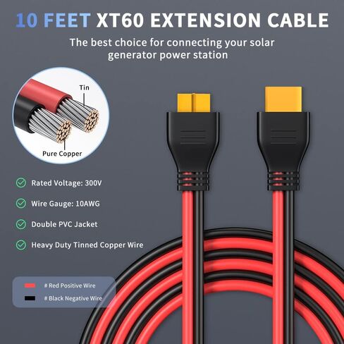 ELECTOP XT60 Extension Cable 10Ft, 10AWG XT60 Cable Wire XT60 Male to Female Adapter Connector Converter Plug for RC Battery Lipo Battery Pack Solar Generator Portable Power Station and Solar Panel in Saudi Arabia