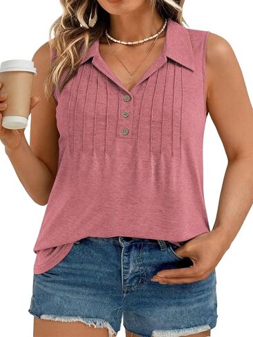 VISLILY Plus-Size-Tank-Tops for Women Summer Collared V Neck Tunics Casual Pleated Sleeveless Shirts Cute Button Down Blouses in Saudi Arabia