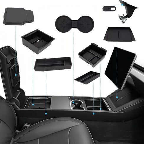 8PCS Center Console Organizer Tray Compatible with Tesla Model Y Juniper 2025 2026 Accessories, Hidden Storage Box & Cup Holder & Armrest Organizer & Wireless Charging Mat & Camera Cover in Kuwait