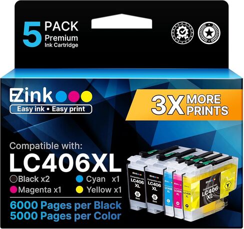 خراطيش حبر E-Z LC406 LC406XL لاستبدال طابعة Brother LC406 XL LC406XL لـ Brother MFC-J4335DW MFC-J5855DW MFC-J6555DW MFC-J4535DW MFC-J6955DW (5 عبوات - 2 أسود سماوي أرجواني أصفر) in Kuwait