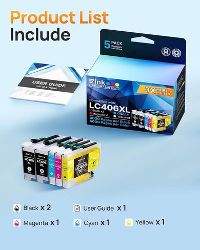 خراطيش حبر E-Z LC406 LC406XL لاستبدال طابعة Brother LC406 XL LC406XL لـ Brother MFC-J4335DW MFC-J5855DW MFC-J6555DW MFC-J4535DW MFC-J6955DW (5 عبوات - 2 أسود سماوي أرجواني أصفر) in Kuwait