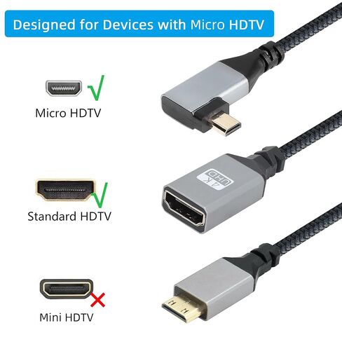 كابل محول RIIEYOCA 4K Micro HDMI إلى HDMI، زاوية قائمة Micro HDMI ذكر إلى HDMI أنثى ألومنيوم قصير من النايلون المضفر، يدعم 4K UHD، لأجهزة الكمبيوتر المحمول، جهاز العرض، التلفزيون، الشاشة، كاميرا الفيديو (الكابل: 20 سم) in Saudi Arabia
