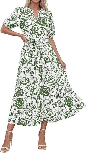 Okiwam فساتين الصيف للنساء 2026 فستان غير رسمي بياقة على شكل V وأكمام قصيرة بوهو فستان ميدي منقوش عليه زهور بأزرار للأسفل فستان الشمس لقضاء إجازة الشاطئ in Kuwait