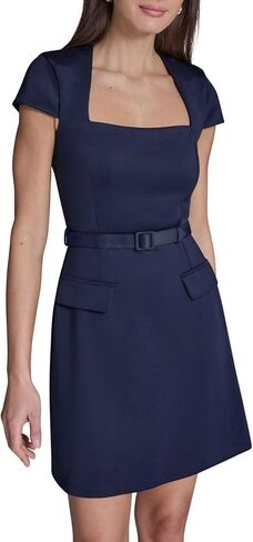 BCBG Women's Short Sleeve Square Neck Belted Short Stretch Dress in Kuwait