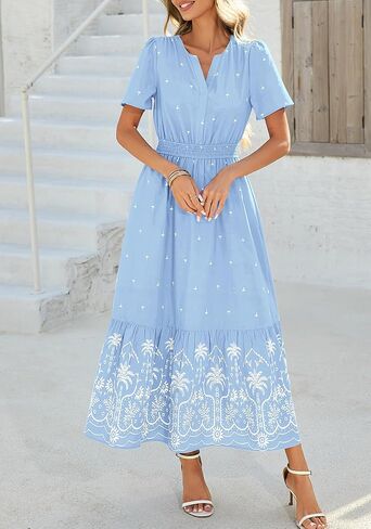 BTFBM Womens Summer Dresses 2026 Casual Short Sleeve Elastic Waist Flowy Beach Vacation Floral Boho Maxi Dress Pockets in Saudi Arabia