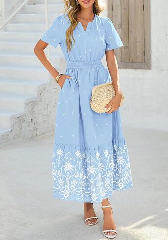 BTFBM Womens Summer Dresses 2026 Casual Short Sleeve Elastic Waist Flowy Beach Vacation Floral Boho Maxi Dress Pockets in Saudi Arabia