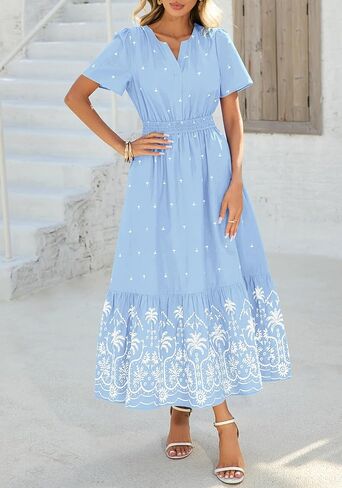 BTFBM Womens Summer Dresses 2026 Casual Short Sleeve Elastic Waist Flowy Beach Vacation Floral Boho Maxi Dress Pockets in Saudi Arabia