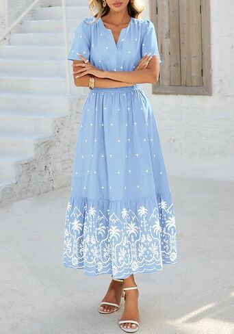 BTFBM Womens Summer Dresses 2026 Casual Short Sleeve Elastic Waist Flowy Beach Vacation Floral Boho Maxi Dress Pockets in Saudi Arabia