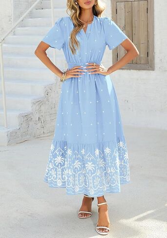 BTFBM Womens Summer Dresses 2026 Casual Short Sleeve Elastic Waist Flowy Beach Vacation Floral Boho Maxi Dress Pockets in Saudi Arabia