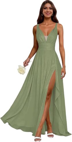 فساتين وصيفة الشرف من الشيفون، رقبة على شكل V للنساء، فستان ربيعي لحفلات الزفاف، فساتين سهرة طويلة مكشكشة مع فتحة in Kuwait