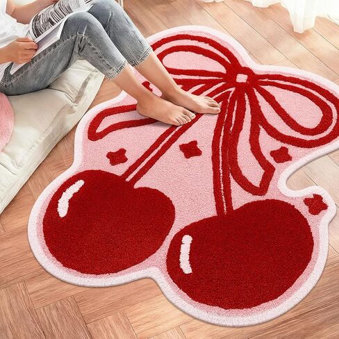 Nuanchu Cherry Bow Bathroom Rug 39.4 x 31.5'' Cute Cherry Red Bow Rug Soft Non Slip Fruit Shaped Absorbent Bath Mat Machine Washable Bath Mat for Bathroom Bedroom Living Room Home Decor in Saudi Arabia