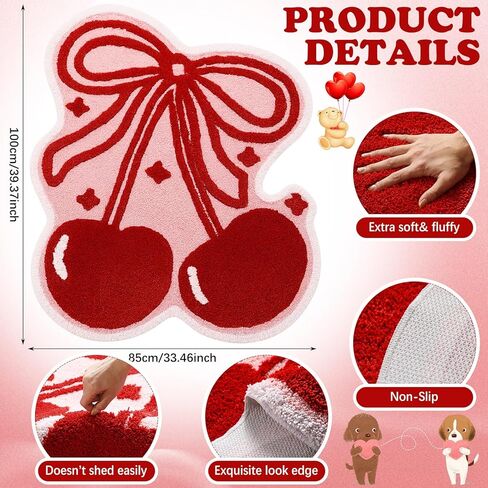 Nuanchu Cherry Bow Bathroom Rug 39.4 x 31.5'' Cute Cherry Red Bow Rug Soft Non Slip Fruit Shaped Absorbent Bath Mat Machine Washable Bath Mat for Bathroom Bedroom Living Room Home Decor in Saudi Arabia