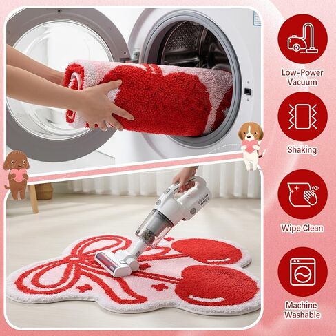 Nuanchu Cherry Bow Bathroom Rug 39.4 x 31.5'' Cute Cherry Red Bow Rug Soft Non Slip Fruit Shaped Absorbent Bath Mat Machine Washable Bath Mat for Bathroom Bedroom Living Room Home Decor in Saudi Arabia