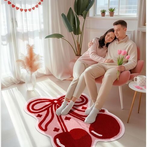 Nuanchu Cherry Bow Bathroom Rug 39.4 x 31.5'' Cute Cherry Red Bow Rug Soft Non Slip Fruit Shaped Absorbent Bath Mat Machine Washable Bath Mat for Bathroom Bedroom Living Room Home Decor in Saudi Arabia