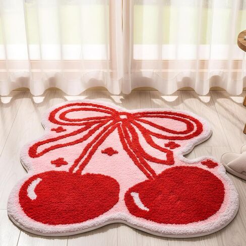 Nuanchu Cherry Bow Bathroom Rug 39.4 x 31.5'' Cute Cherry Red Bow Rug Soft Non Slip Fruit Shaped Absorbent Bath Mat Machine Washable Bath Mat for Bathroom Bedroom Living Room Home Decor in Saudi Arabia