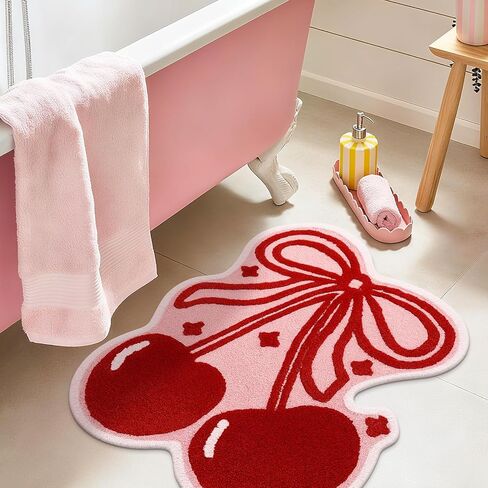 Nuanchu Cherry Bow Bathroom Rug 39.4 x 31.5'' Cute Cherry Red Bow Rug Soft Non Slip Fruit Shaped Absorbent Bath Mat Machine Washable Bath Mat for Bathroom Bedroom Living Room Home Decor in Saudi Arabia