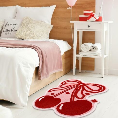 Nuanchu Cherry Bow Bathroom Rug 39.4 x 31.5'' Cute Cherry Red Bow Rug Soft Non Slip Fruit Shaped Absorbent Bath Mat Machine Washable Bath Mat for Bathroom Bedroom Living Room Home Decor in Saudi Arabia
