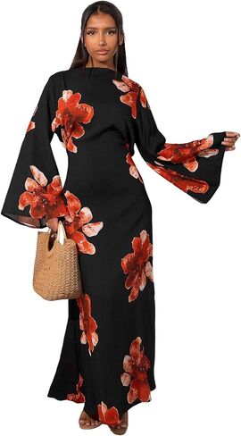 FYMNSI Womens Muslim Dresses Bell Sleeve Floral Butterfly Abaya Modest Dubai Kaftan Islamic Dress Eid Ramadan Prayer Clothes in Saudi Arabia