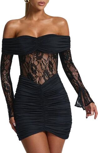 Women's Sexy Lace Off Shoulder Long Sleeve Bodycon See Through Night Out Party Mini Dress in Kuwait