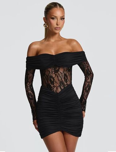 Women's Sexy Lace Off Shoulder Long Sleeve Bodycon See Through Night Out Party Mini Dress in Saudi Arabia