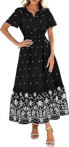 BTFBM Womens Summer Dresses 2026 Casual Short Sleeve Elastic Waist Flowy Beach Vacation Floral Boho Maxi Dress Pockets in Saudi Arabia