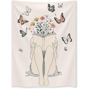 المرأة قراءة كتاب نسيج بوهو فراشة زهرة الجدار شنقا الطبيعة مجردة البيج رسم خط بسيط جدار الفن الهدايا لمحبي الكتاب لغرفة المعيشة غرفة نوم النوم 30x40 بوصة in Kuwait