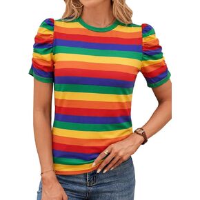 LilyCoco Striped Shirt Women Casual Summer Short Puff Sleeve Crew Neck Fitted Top in Kuwait