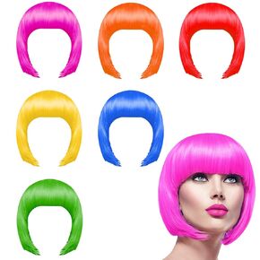 KUUQA 6 Pieces Party Wigs Set, Neon Short Bob Wig Pack Costume Colorful Cosplay Wig Daily Party Hairpieces for Bachelorette Neon Party Favors, Halloween and Decorations in Kuwait